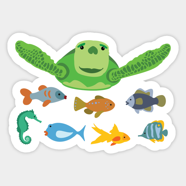 Happy Sea Turtle and Fish Swimming in the Sea Sticker by evisionarts